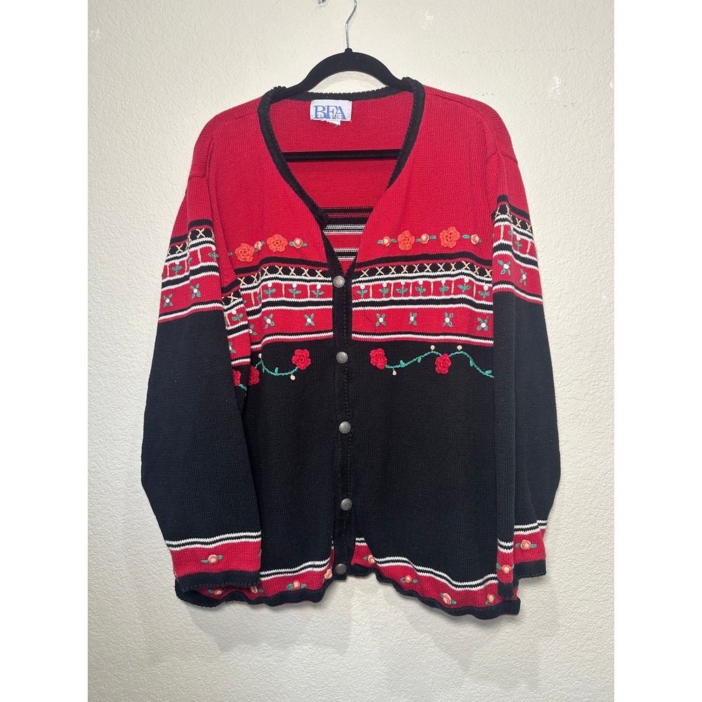 BFA Classics Vintage Red Black Floral Embroidered Knit Cardigan Sweater